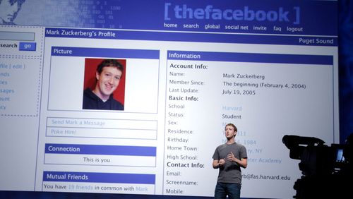 Facebook founder Mark Zuckerberg talks about an old Facebook web page during the 2011 F8 conference in San Francisco.