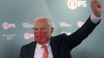 Portuguese Prime Minister and Socialist Party Secretary General Antonio Costa raises his fist to supporters following election results in which Portugal&#x27;s center-left Socialist Party won a third straight general election, returning it to power, Lisbon, Monday, Jan. 31, 2022.