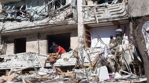 A view to the residential building in Mostytska Street which got hit by a rocket in Kyiv, Ukraine. 