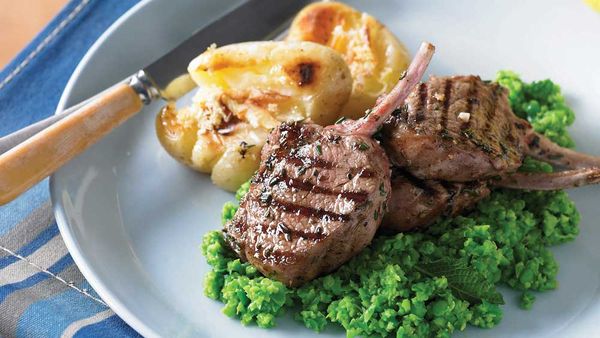 Barbecued lamb cutlets with minted pea mash and lemon potatoes courtesy of WW Freshbox