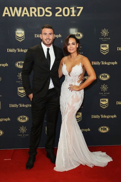 Brisbane Broncos captain Darius Boyd with wife Kayla on the red carpet. (Getty)