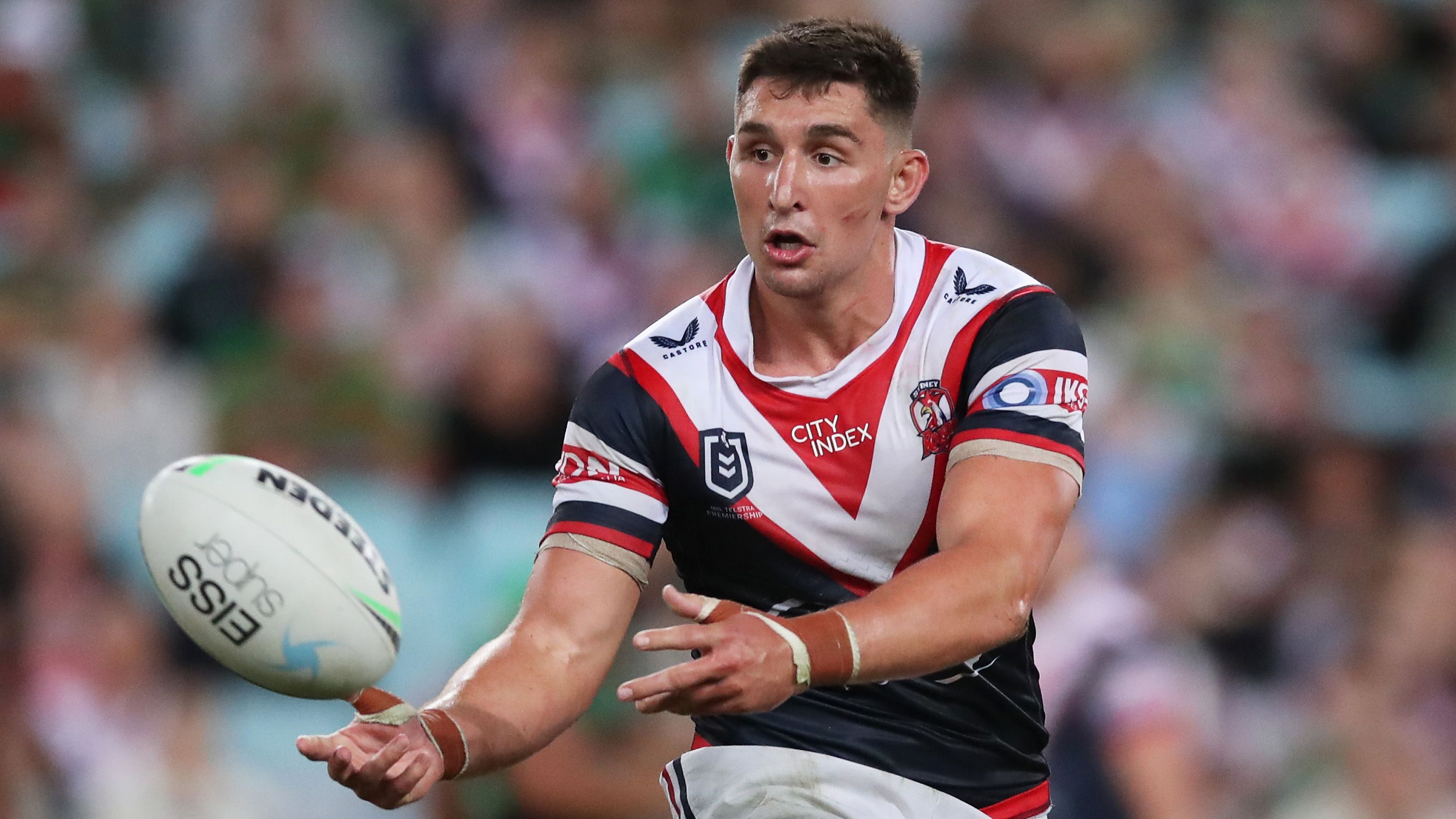 Victor Radley of the Roosters passes during the round three NRL match between the South Sydney Rabbitohs and the Sydney Roosters at Accor Stadium, on March 25, 2022, in Sydney, Australia. Photo: Mark Evans