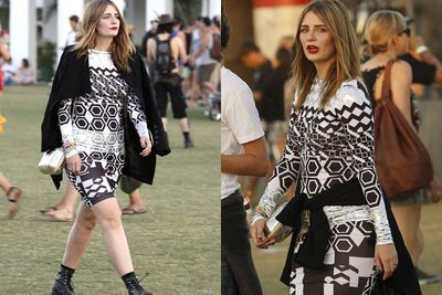 High-fash... at Coachella? <br/><br/>Mischa looks a little confused in monochrome... with a mirrored-clutch and couture cape paired with a pair of stubby ankle boots. <br/><br/>