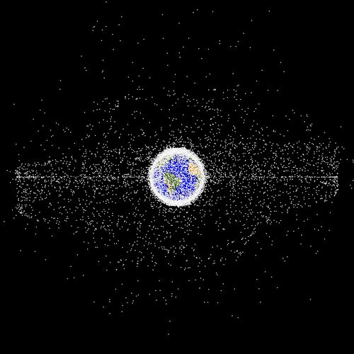 Simulation of orbital debris around Earth demonstrating the object population in the geosynchronous region.