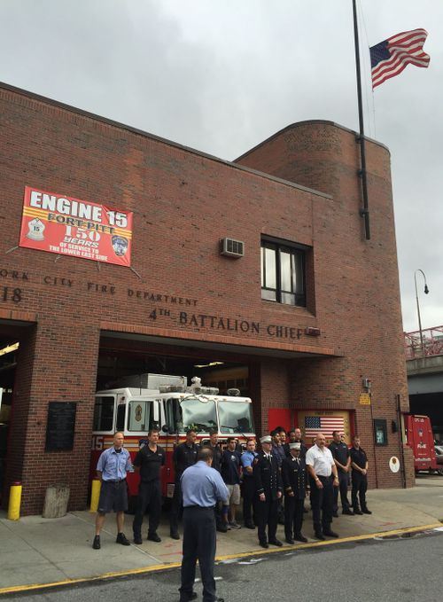 Members of the Battalion Four fire crew in New York. (Simon Bouda/9NEWS)