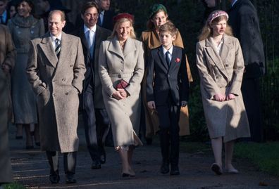 Prince Edward, Earl of Wessex and Sophie, Countess of Wessex with James Viscount Severn and Lady Louise Windsor  attend the Christmas Day Church service at Church of St Mary Magdalene on the Sandringham estate on December 25, 2019 in King's Lynn, United Kingdom.