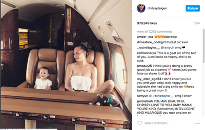 Flying high: Chrissy Teigen and daughter Luna travelling in style.