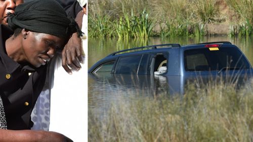 Akon Guode at the funeral of her children (left) and (right) the partially submerged Toyota Kluger. (AAP)