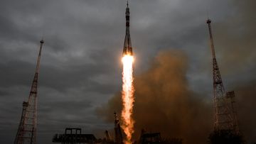 Russia’s Soyuz MS-02 spacecraft carrying the International Space Station (ISS) crew of US astronaut Shane Kimbrough and Russian cosmonauts Sergey Ryzhikov and Andrey Borisenko blasts off to the ISS from the launch pad at the Russian-leased Baikonur cosmodrome. (AFP)