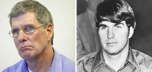 This combination of file photos shows former Charles Manson follower Charles "Tex" Watson, left, appearing during his parole hearing at Mule Creek State Prison in Lone, Calif., in Nov. 16, 2011, and Watson in a courtroom at an extradition hearing in McKinney, Texas, on Feb. 16, 1970.