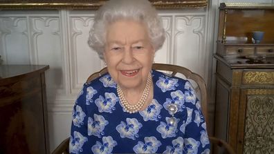 Her Majesty Queen Elizabeth II speaks on a video call to thank volunteers with the Royal Voluntary Service on March 19, 2021 in Windsor, United Kingdom. 