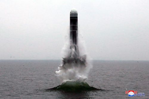 North Korea fired a ballistic missile from the sea on Wednesday, South Korea's military said, a suggestion that it may have tested an underwater-launched missile for the first time in three years ahead of a resumption of nuclear talks with the United States this weekend. (Korean Central News Agency/Korea News Service via AP)