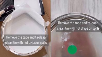 Masking tape hack for mess-free paint tin pouring