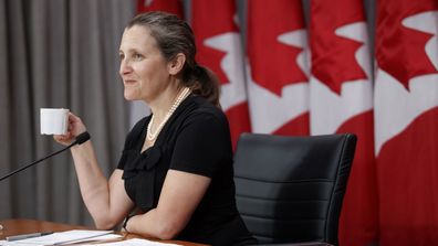 Canada's Deputy Prime Minister Chrystia Freeland speaks during a news conference in Toronto, Friday, Aug. 7, 2020.