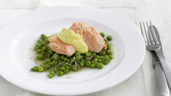 Poached ocean trout with hollandaise and peas