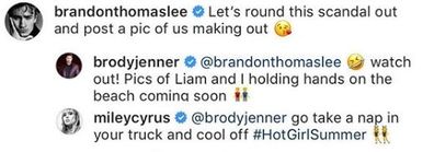 Miley Cryus, Brody Jenner, Brandon Lee, Instagram, comments