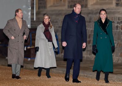 Prince Edward, Earl of Wessex, Sophie, Countess of Wessex, Catherine, Duchess of Cambridge and Prince William, Duke of Cambridge attend an event to thank local volunteers and key workers from organisations and charities in Berkshire, who will be volunteering or working to help others over the Christmas period in the quadrangle of Windsor Castle on December 8, 2020 in Windsor, England