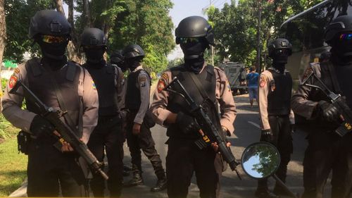 Police presence was bulked up across Surabaya and Jakarta in light of the first attack. Picture: AAP.