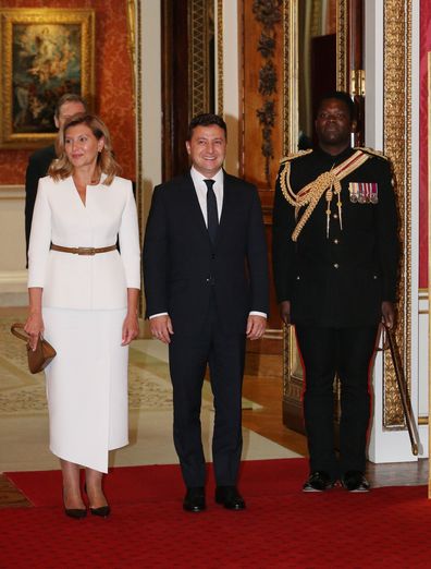 Ukraine's President Volodymyr Zelensky and his wife Olena arrive to attend an audience at Buckingham Palace on October 7, 2020 in London, England