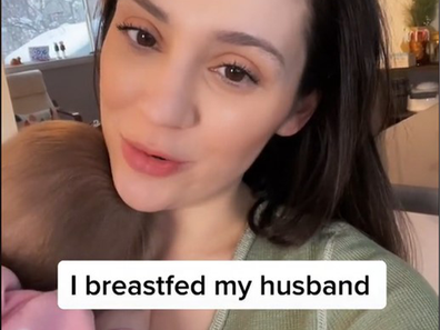 Woman facing the camera holding a baby on her shoulder with the caption 'I breastfed my husband'.