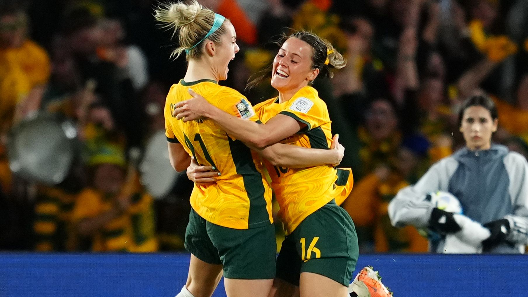 Hayley Raso celebrates her goals and the Matildas&#x27; second of their 2-0 victory over Denmark.
