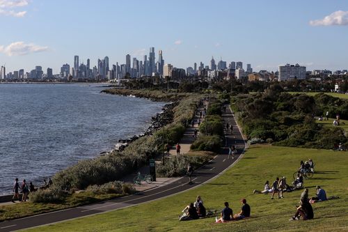 MELBOURNE, AUSTRALIA - SEPTEMBER 23: A general view of the city of Melbourne from Elwood Beach on September 23, 2021 in Melbourne, Australia. Victoria has recorded 766 new COVID-19 cases, the highest number of new cases in the community since the current Delta variant outbreak began. There have also been four deaths recorded in the last 24 hours.  (Photo by Diego Fedele/Getty Images)