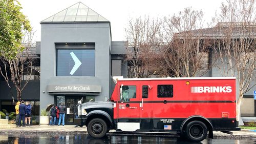 A Brinks truck is parked outside of Silicon Valley Bank in Santa Clara, California.