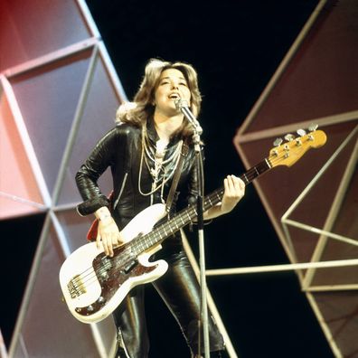 Suzi Quatro performs on UK TV show Top Of The Pops, London, October 1974.