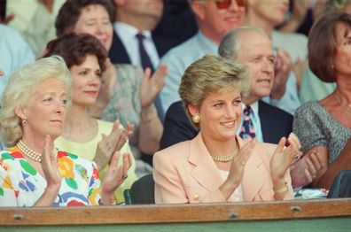 Princess Diana, Princess of Wales, attends the 1993 Men's Singles Wimbledon Tennis Final with her mother. 