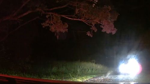 The headlights of a stolen vehicle approach the police car at speed after driving through a gate on private property.