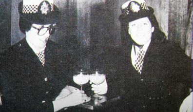 A photo of Diana, Princess of Wales, and Sarah, Duchess of York dressed up as policewomen in 1986 for Fergie's Hens party in London.