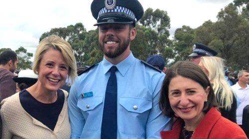 Kristina Keneally (left), son Daniel (middle), and former NSW premier Gladys Berejiklian (right).