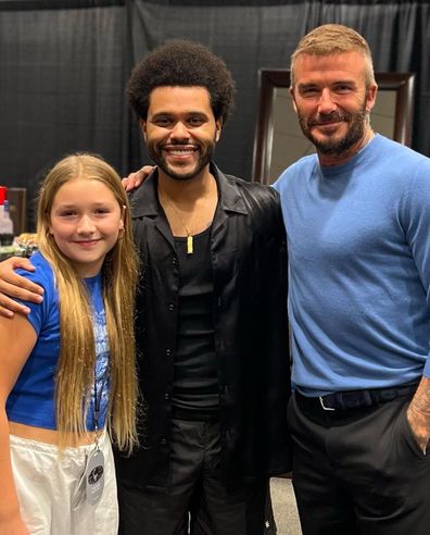 11-year-old Harper Beckham, The Weeknd (Abel Tesfaye) and David Beckham.