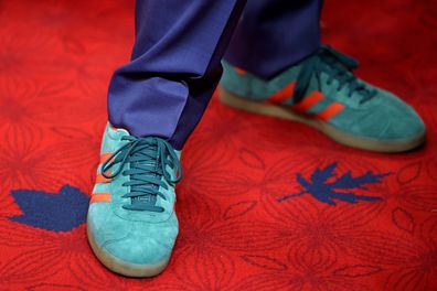 OTTAWA, ONTARIO - MAY 27: A view of Former Prime Minister of Canada Justin Trudeau's Addidas shoes as he arrives ahead of an appearance by King Charles III and Queen Camilla at the Seanate Chamber for the State Opening of Parliament during an official visit to Canada on May 27, 2025 in Ottawa, Ontario. It is The King's 20th and Queen's 5th tour of Canada, with their previous visit being in 2022. (Photo by Chris Jackson - Pool/Getty Images)