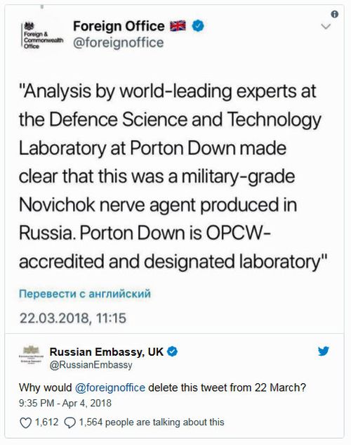 The Russian embassy’s Twitter feed pointed out that the March 20 tweet on a presentation by Britain’s ambassador to Moscow on the Salisbury attack had disappeared.