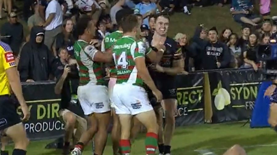 Panthers fullback Dylan Edwards engaged in some push and shove with multiple Rabbitohs players at the final whistle