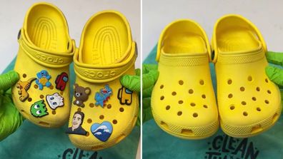 Brandon Pleshek of Clean That Up TikTok shows a before and after of the Crocs he cleaned before donating them to a thrift store