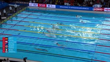Confusion in the pool as some swimmer realise the race has been abandoned.
