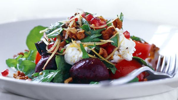 Roast beetroot and caramelised walnut salad with goat’s curd, pomegranate and preserved lemon