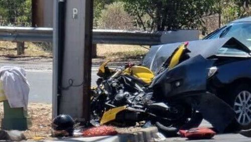 Emergency services were called to ﻿O'Sullivan Beach Road and Brodie Road in Lonsdale on Monday afternoon after reports of a collision between a Mazda 3 sedan and a yellow Triumph motorbike.