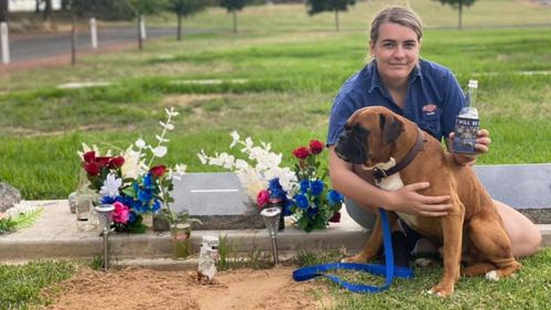 Madeline Botts visits her fiancé Ethan Hunter's grave with their dog Knox on what would have been their wedding day last weekend. 