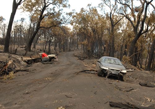 The devastating consequences of Black Saturday arsonist Brendan Sokaluk are shown in this 2009 photo, depicting the burned out cars in which two people died. Sokaluk was found guilty of killing 10 people.