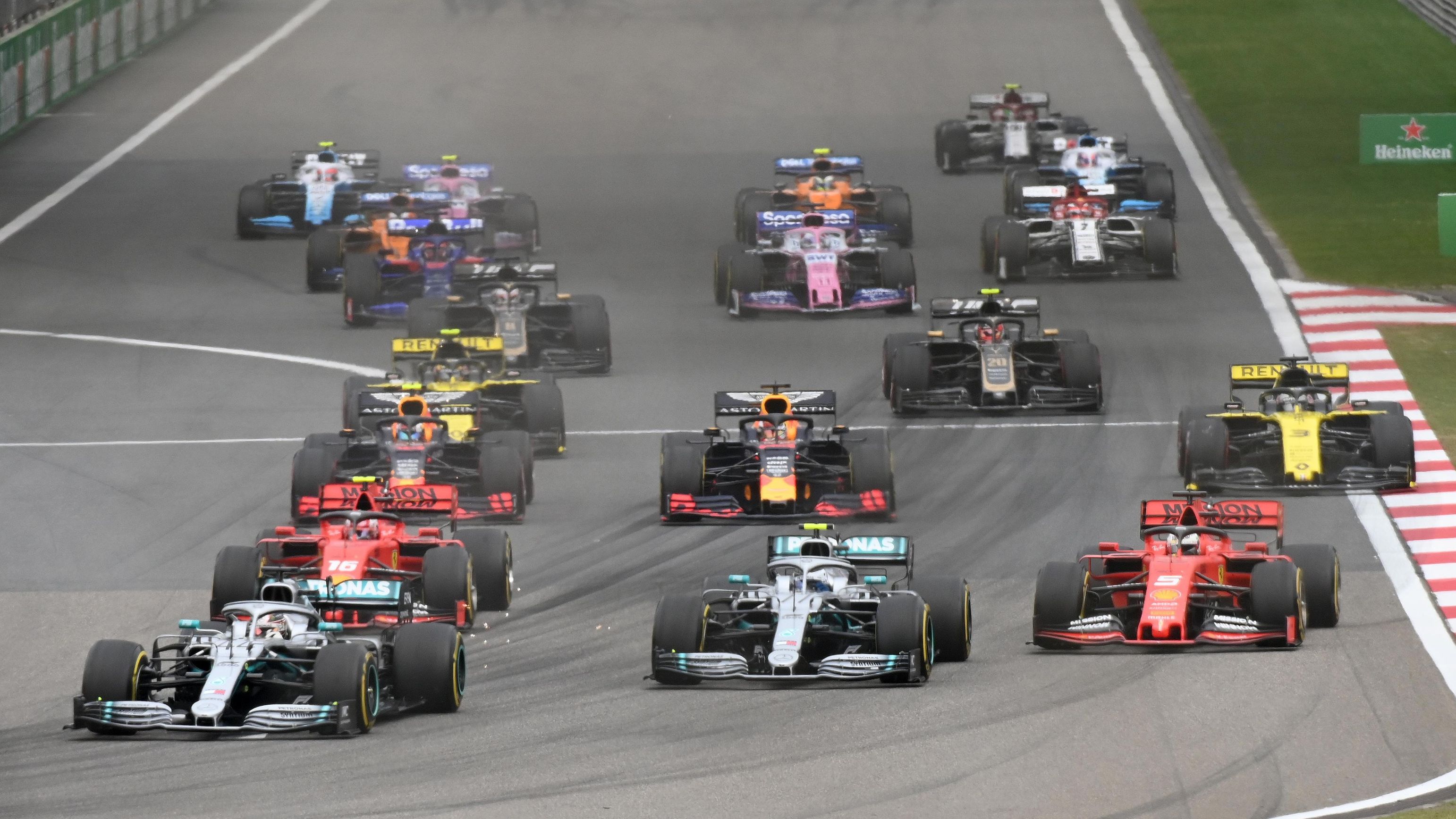 Racers compete in the 2019 Chinese Grand Prix at the Shanghai International Circuit.