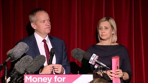 Labor Leader Bill Shorten addressed ALP faithful in Queensland tonight, saying the victory is a 'great win' for the party and for its female candidates. Picture: 9NEWS.