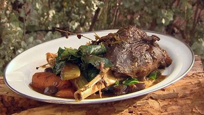 Recipe: <a href="https://kitchen.nine.com.au/2016/05/05/15/23/braised-wallaby-shanks-with-wild-thyme" target="_top">Braised wallaby shanks with wild thyme</a>