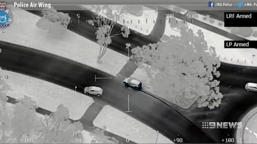 The allegedly stolen car as seen on police helicopter video. (Supplied)