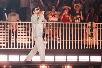 SAO PAULO, BRAZIL - FEBRUARY 20: Bad Bunny performs live on stage as part of his Debi Tirar Mas Fotos World Tour at Allianz Parque on February 20, 2026 in Sao Paulo, Brazil. (Photo by Mauricio Santana/Getty Images)