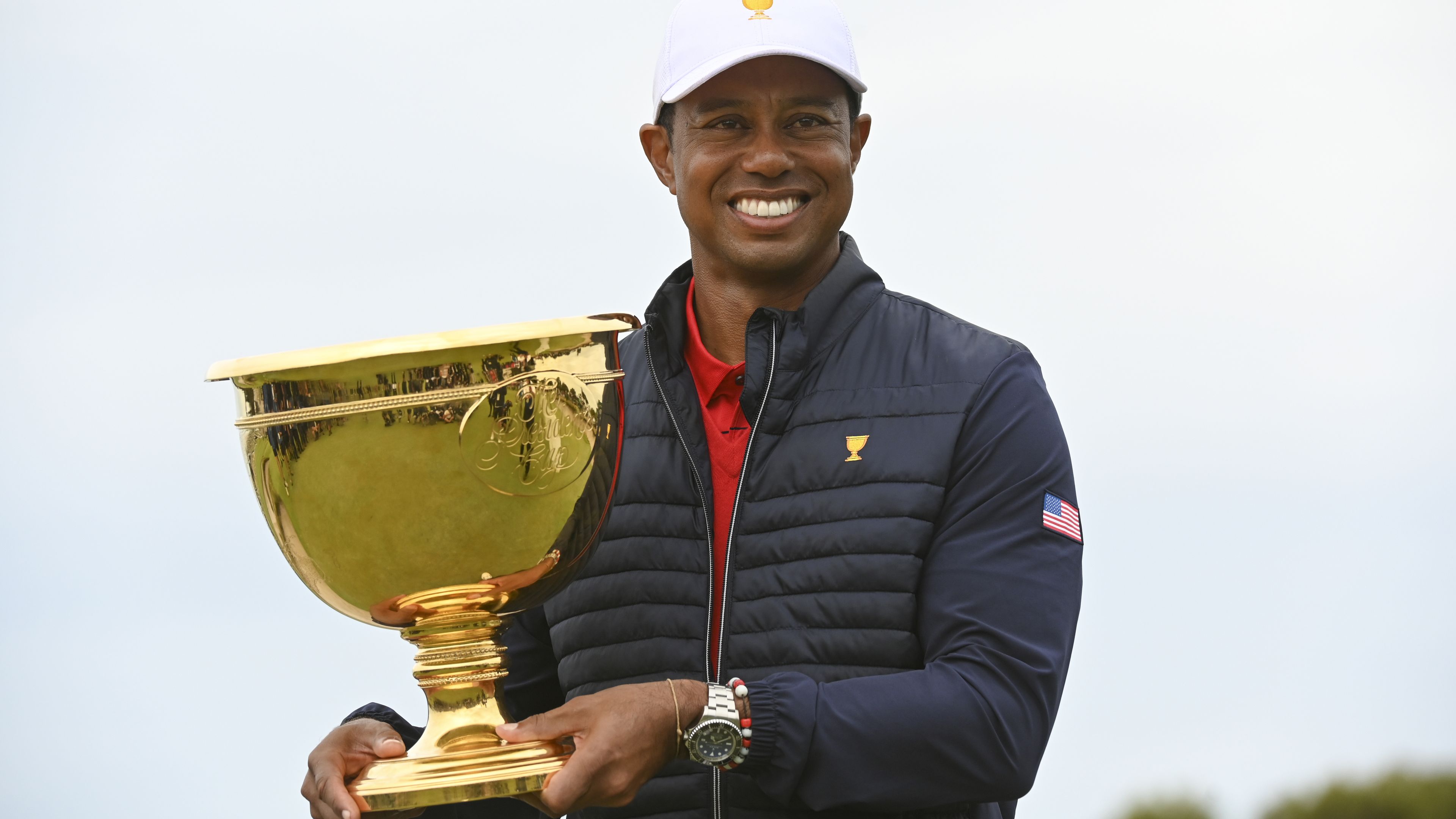 US Team Captain Tiger Woods holds the Presidents Cup trophy during the final round singles matches at the Presidents Cup at The Royal Melbourne Golf Club on December 15, 2019, in Victoria , Australia. (Photo by Ben Jared/PGA TOUR via Getty Images)