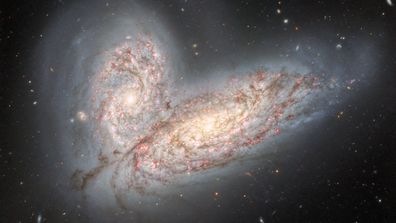 Esta imagen del telescopio Gemini North en Hawái revela un par de galaxias espirales interactuantes NGC 4568 (abajo) y NGC 4567 (arriba) a medida que comienzan a chocar y fusionarse.  Las galaxias eventualmente formarán una galaxia elíptica en unos 500 millones de años.