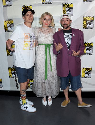 SAN DIEGO, CALIFORNIA - JULY 20: (L-R) Jason Mewes, Harley Quinn Smith and Kevin Smith attend the Kevin Smith Reboots Hall H!  Panel during 2019 Comic-Con International at San Diego Convention Center on July 20, 2019 in San Diego, California.  (Photo by Albert L. Ortega/Getty Images)